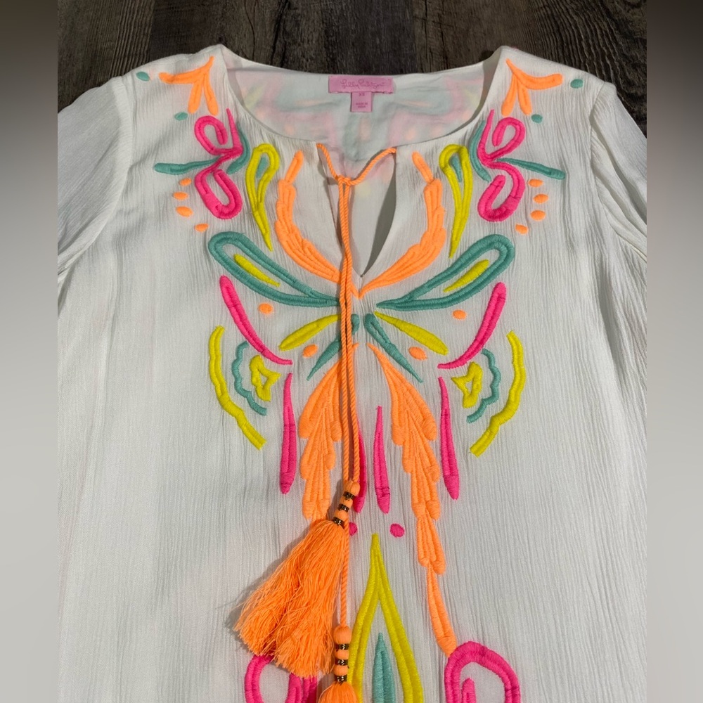 LILLY PULITZER Ellie Tunic Dress Resort White Neon Embroidery Tassels B… - Picture 5 of 7